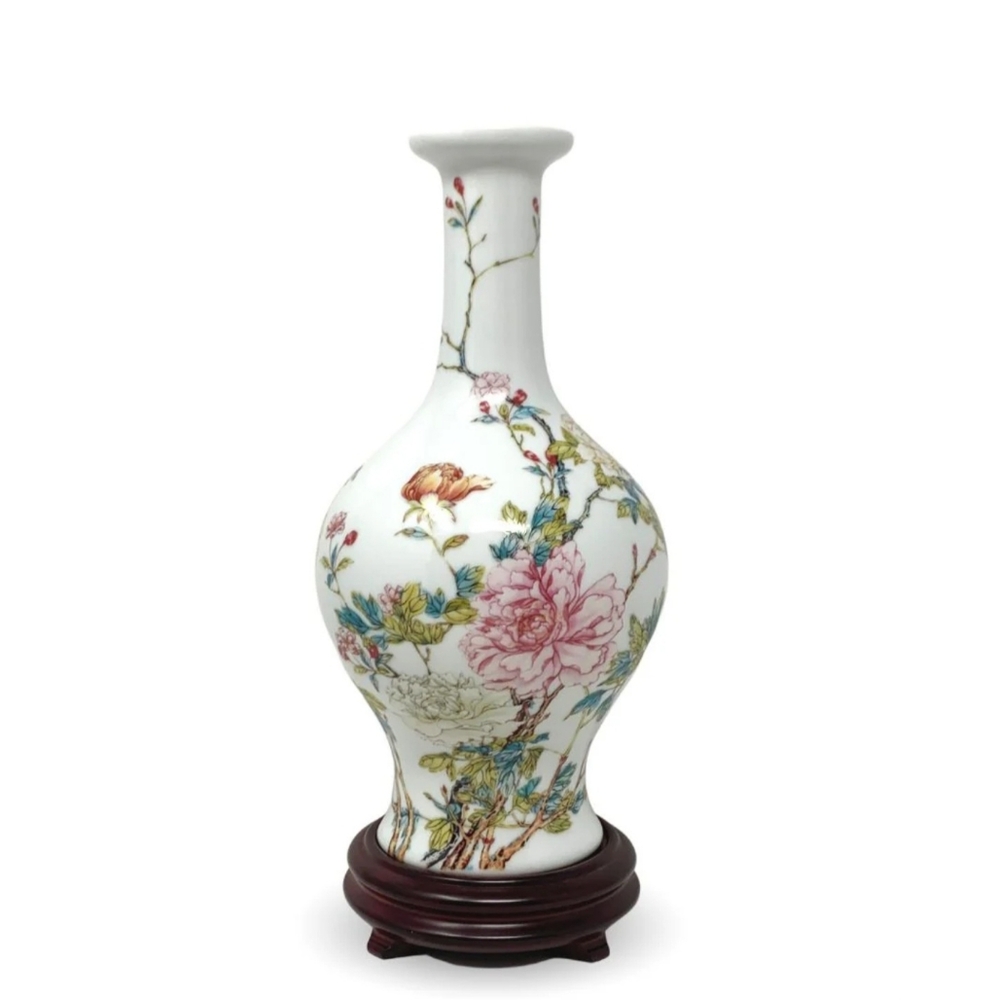 Lenox Peony Porcelain Vase Of The Qing Emperor With Rosewood Stand EUC